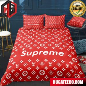 Luxury Louis Vuitton X Supreme Red Monogram Print For Bedroom Queen Bedding Set