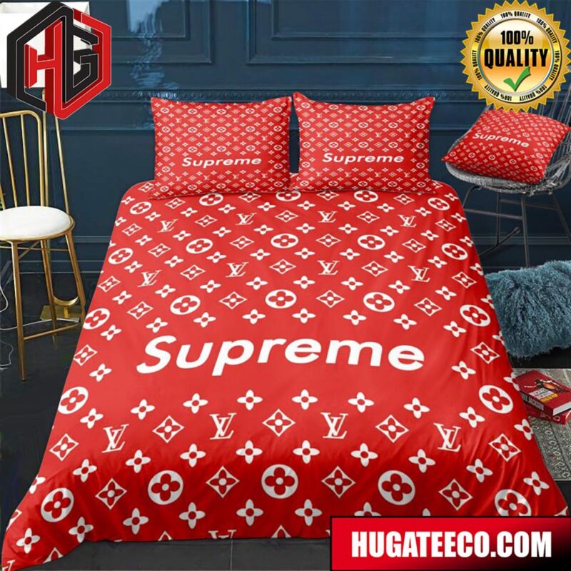 Luxury Louis Vuitton X Supreme Red Monogram Print For Bedroom Queen Bedding Set