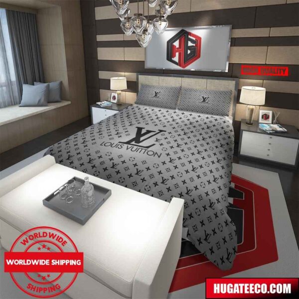Louis Vuitton Big Logo Grey Background Luxury And Fashion For Bedroom Bedding Set