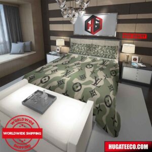 Louis Vuitton Camo Green Pattern Luxury And Fashion For Bedroom Bedding Set