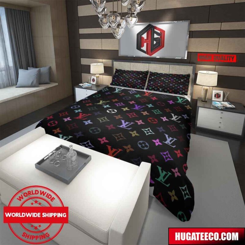 Louis Vuitton Multicolor Logo Black Back Ground Luxury And Fashion For Bedroom Bedding Set