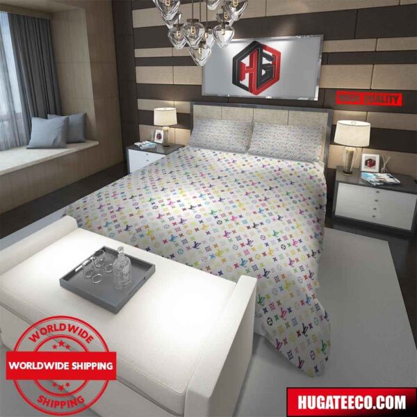 Louis Vuitton Multicolor Logo White Back Ground Luxury And Fashion For Bedroom Bedding Set