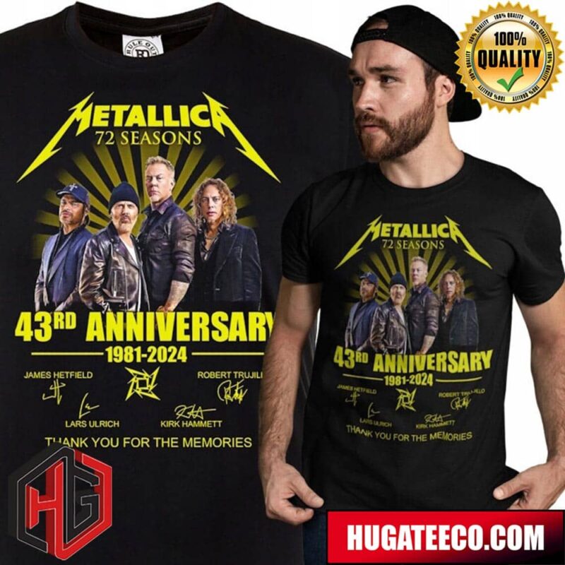 Metallica Rock Guitar 72 Season 43 Anniversary 1981-2024 With Signature Thank You For Memories T-Shirt