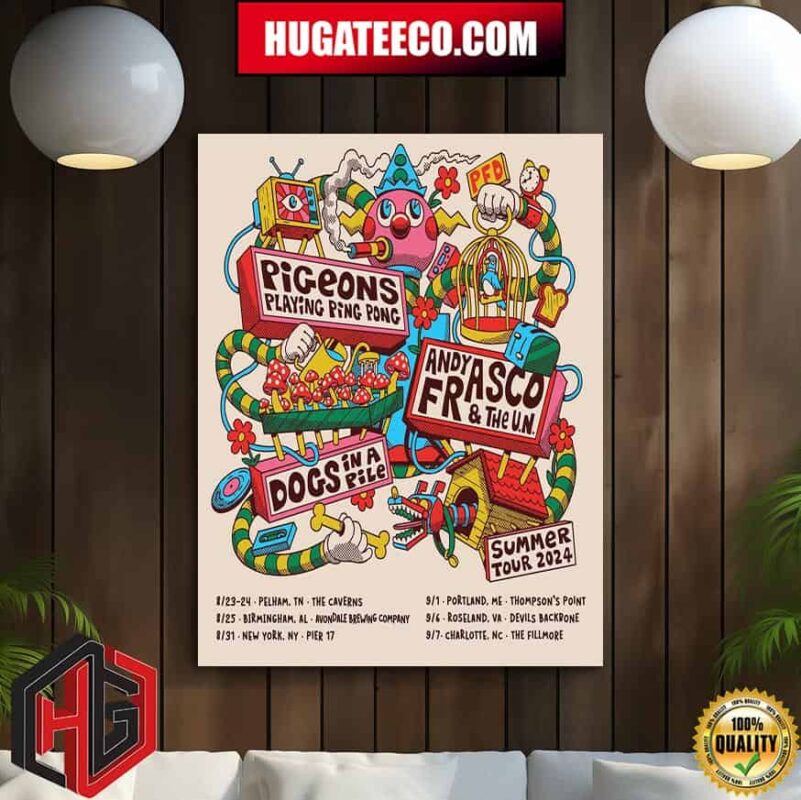 Pigeons Frasco Dogs Summer Tour 2024 Pigeons Playing Ping Pong X Andy Frasco X Dogs In A Pile Schedule List Dates Home Decor Poster Canvas