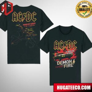 ACDC PWRD Up Europe Tour 17th May-17th August 2024 All Roads Lead To Dublin Demon Fire Is All You Desire Merchandise Two Sides T-Shirt