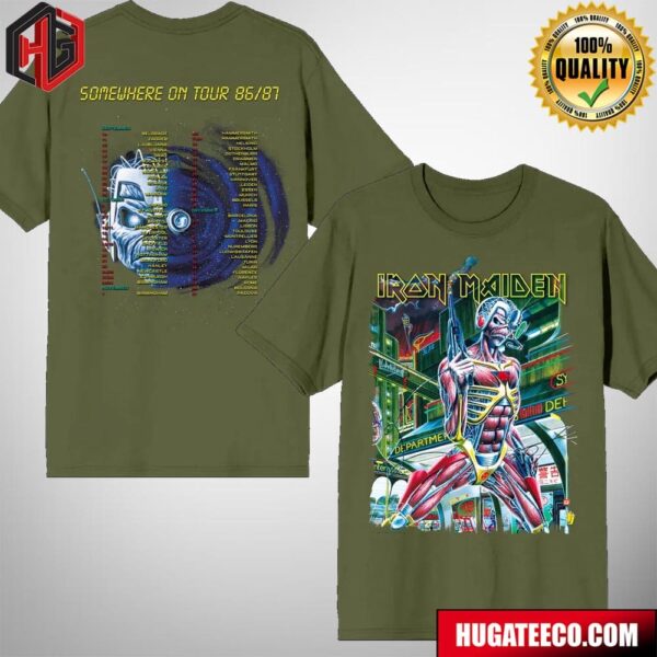 Iron Maiden The Future Past World Tour 2024 Somewhere On Tour 1986 1987 Featuring A Cropped Version Of The Somewhere In Time Album And Tour Dates Merch Two Sides T-Shirt