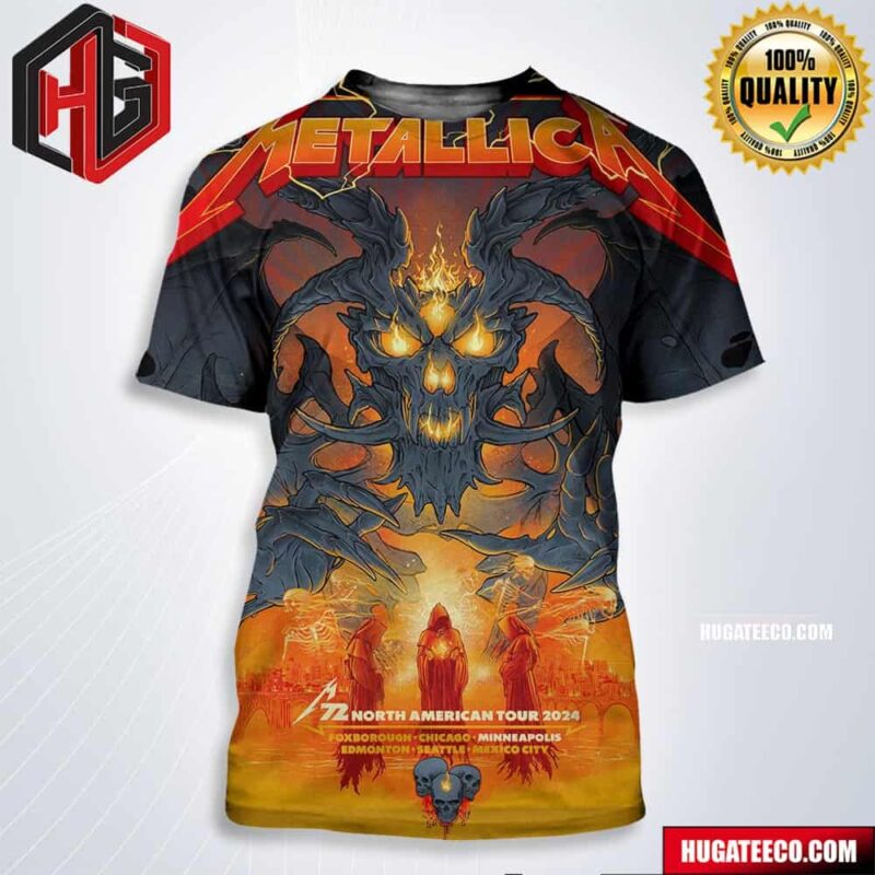 Metallica M72 World Tour Minneapolis Pop Up Shop Merch Poster For Minneapolis MN US On August 16 And 18 M72 North American Tour 2024 Skull Fire Dragon All Over Print Shirt