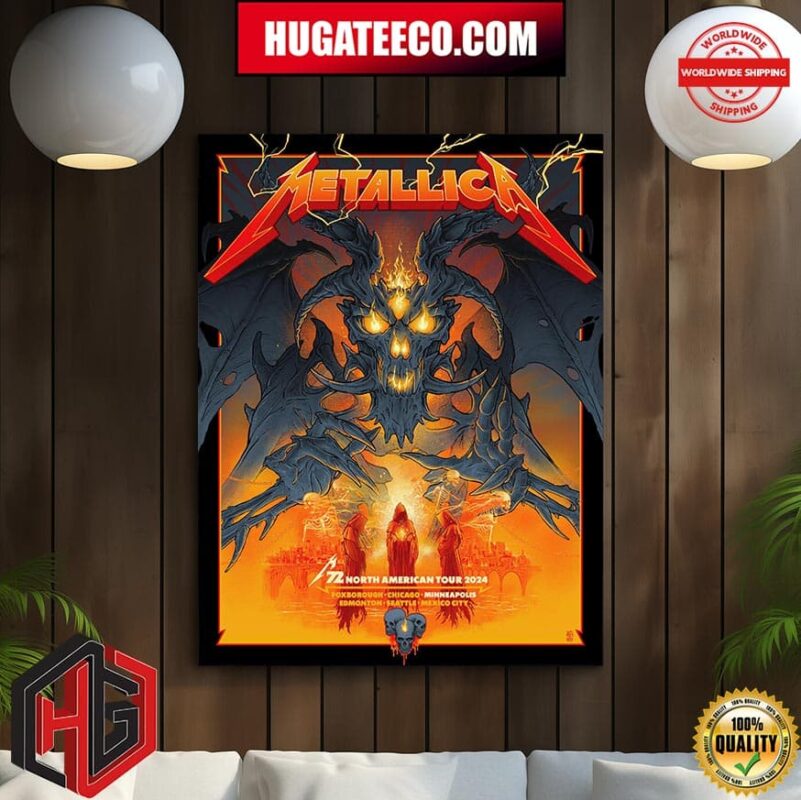 Metallica M72 World Tour Minneapolis Pop Up Shop Merch Poster For Minneapolis MN US On August 16 And 18 M72 North American Tour 2024 Skull Fire Dragon Home Decor Poster Canvas