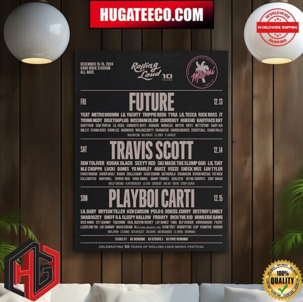 Rolling Loud Music Festival 10 Year Anniversary At Hard Rock Stadium In Miami Florida USA On December 13-15 2024 Merch With Future Travis Scott Playboi Carti And More Poster Canvas