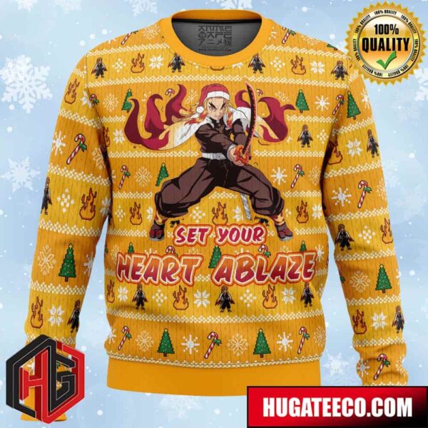 Heart Ablaze Rengoku Demon Slayer Christmas Sweater Anime Ape Chirstmas Gifts 2024 Xmas For Family And Friends Ugly Sweater