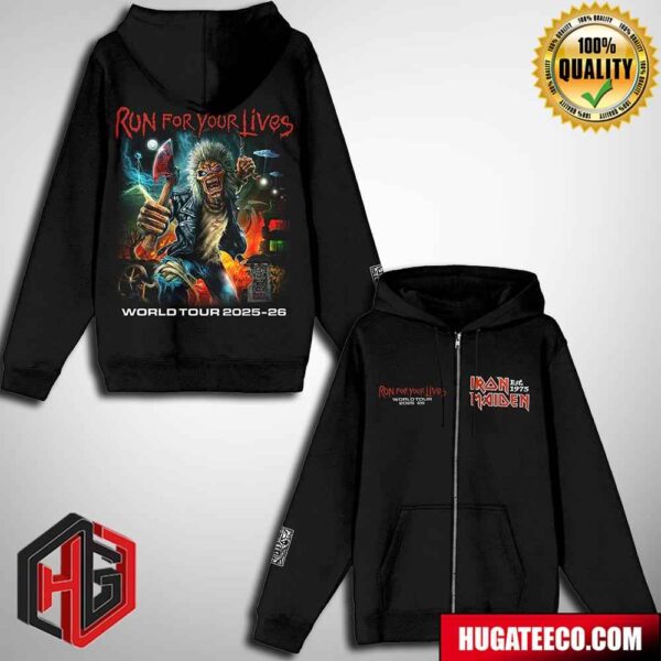 Iron Maiden Run For Your Lives 2025 Tour Logo And Iron Maiden’s Est Merchandise Zip Hoodie Shirt