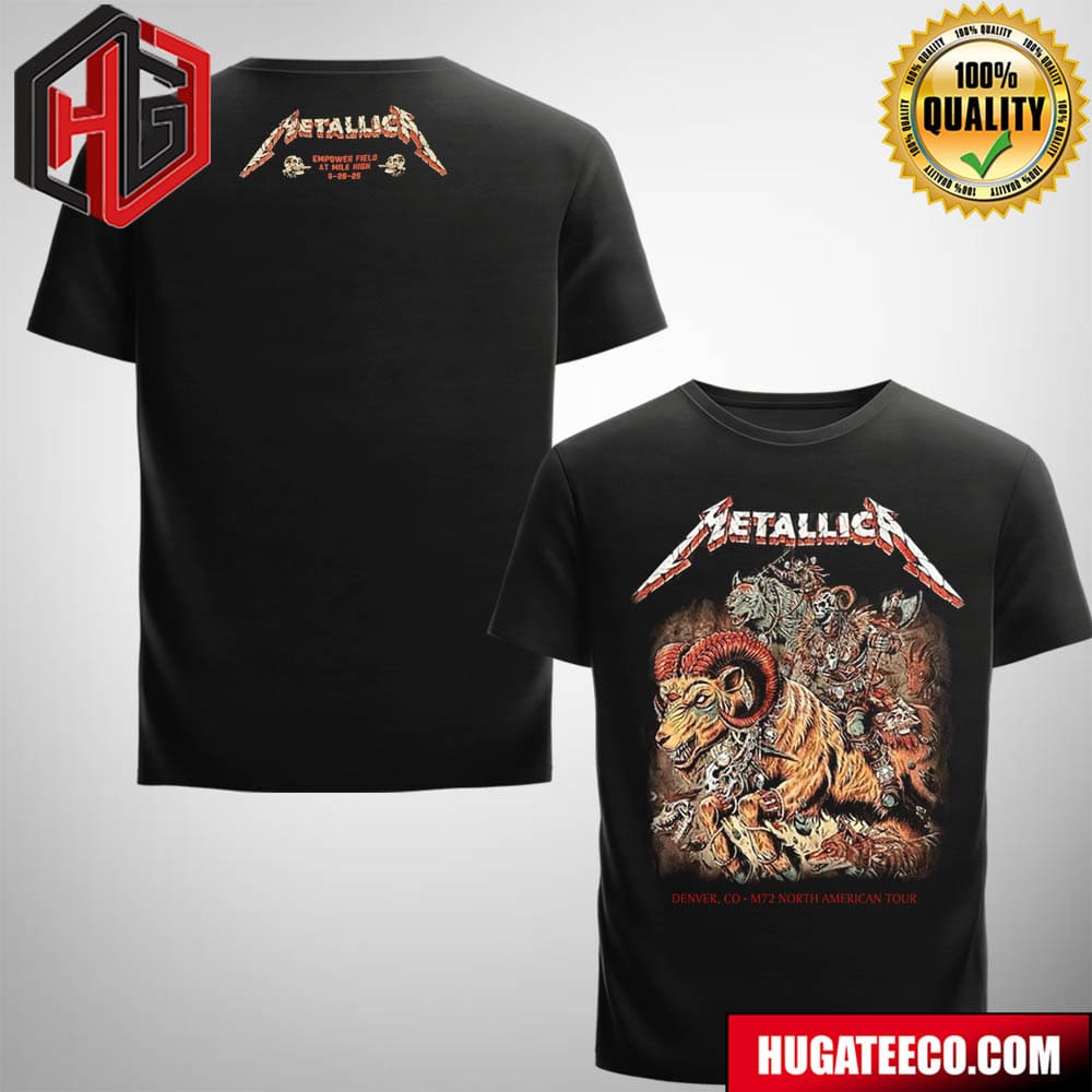 Metallica M72 Denver 2025 Venue Tee Night 2 In Denver CO On June 29 At Empower Field at Mile High Infernal Ride Merchandise Two Sided Unisex T-Shirt Metallica M72 Denver 2025 Venue Tee Night 2 In Denver CO On June 29 At Empower Field at Mile High Infernal Ride Merchandise Two Sided Unisex T-Shirt